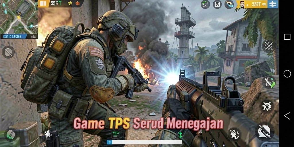 Screenshot gameplay 55RT menampilkan aksi menegangkan dalam mode TPS.