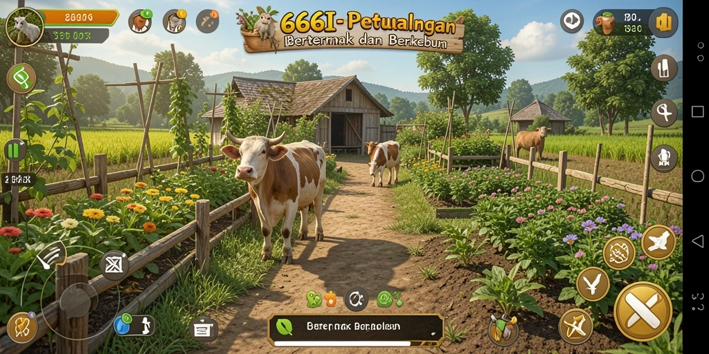 Tampilan gameplay <strong>666I</strong> yang menampilkan aktivitas bertani dan beternak.