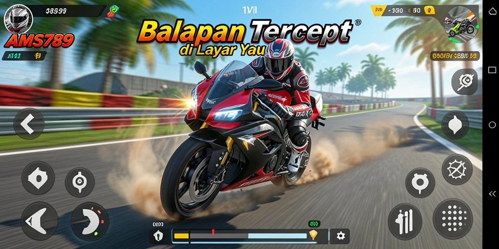 Screenshot AMS789 menunjukkan saat mendebarkan balapan motor di trek.