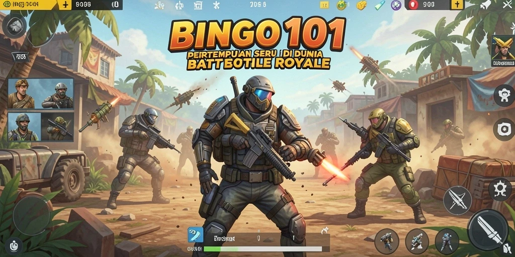 Screenshot BINGO101 menampilkan aksi pertempuran seru dalam arena Battle Royale.
