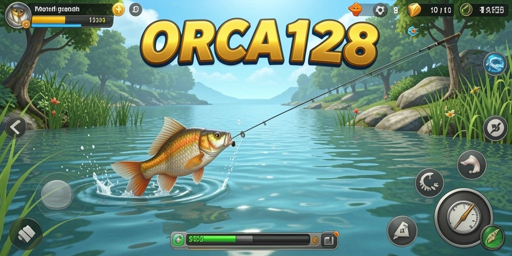Screenshot gameplay ORCA128 yang menunjukkan aksi memancing seru.