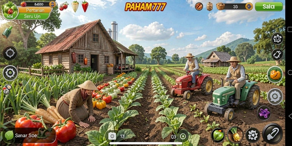 Tangkapan layar gameplay PAHAM777 menampilkan aktivitas bertani yang seru.