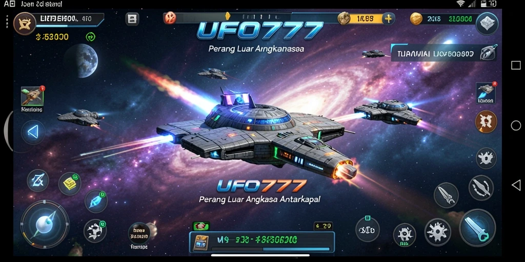 Tangkapan layar UFO777 menampilkan pertempuran luar angkasa yang intens dan grafis memukau.