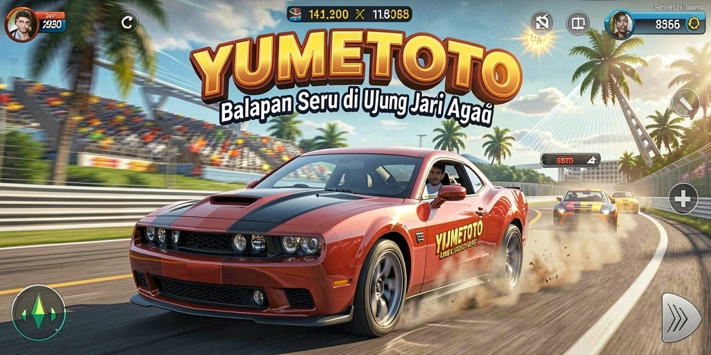 Tangkapan layar gameplay YUMETOTO yang menggambarkan balapan seru dan mendebarkan.